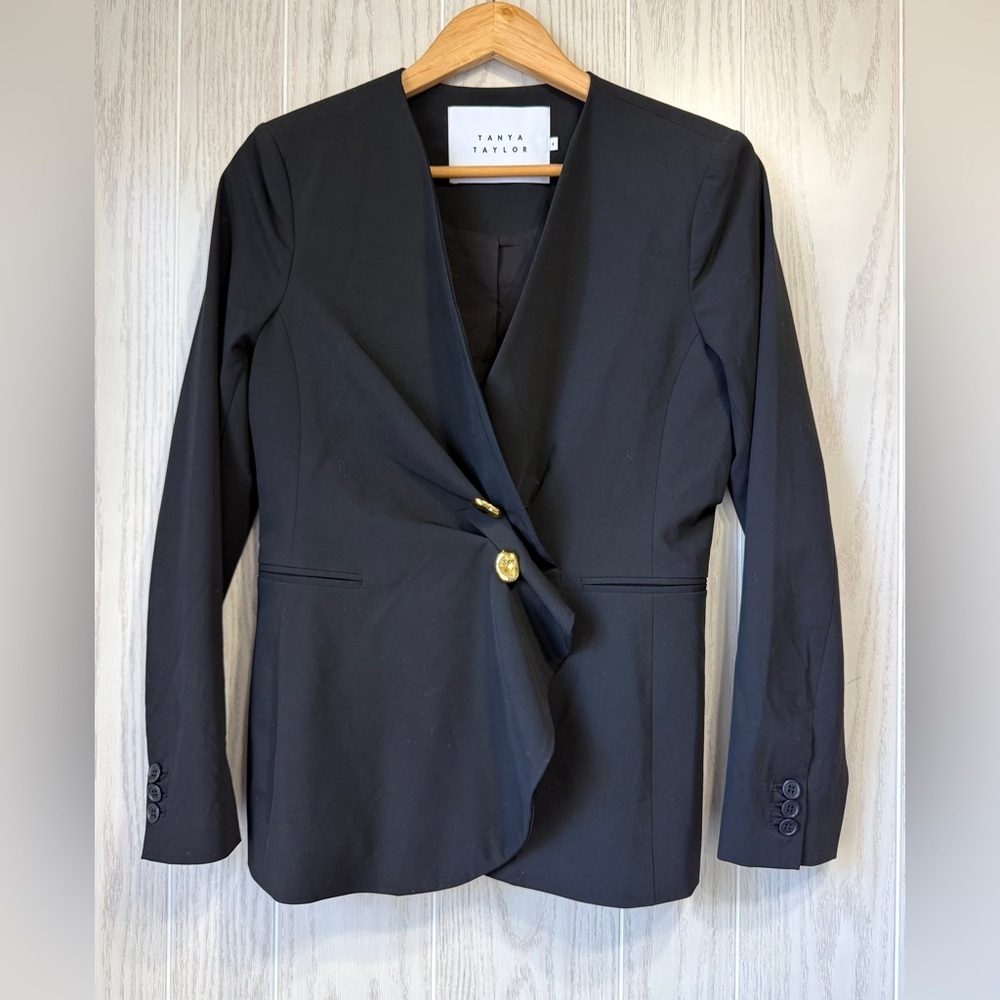 Tanya Taylor Asymmetrical Blazer 4 – Black Gold Button Jacket